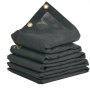 stacked black VEVOR dump truck mesh tarp with reinforced edges and metal grommets.