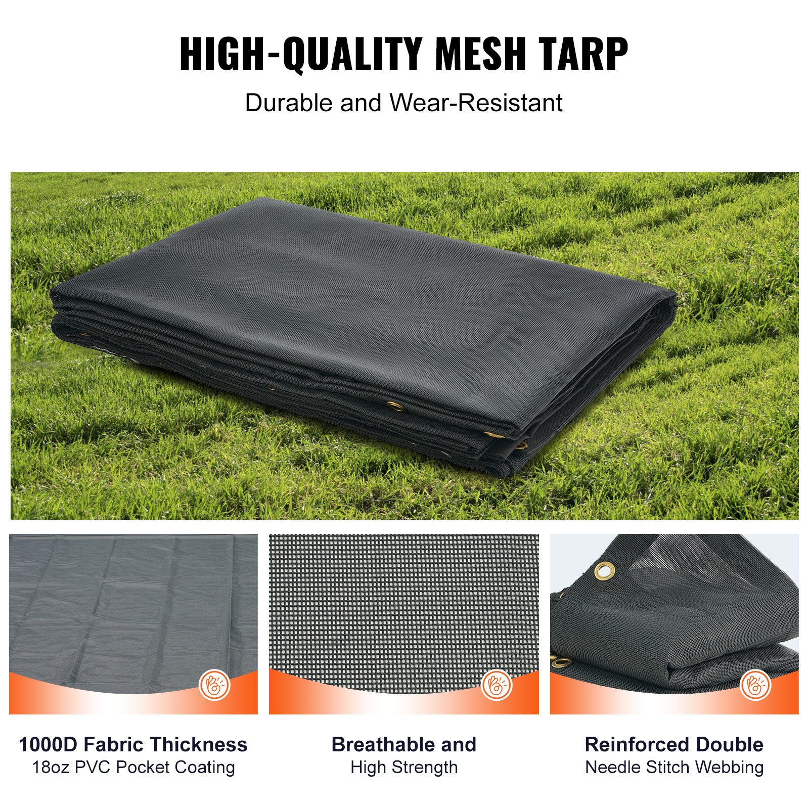 VEVOR Dump Truck Mesh Tarp, 8 x 18 ft, PVC Coated Black Heavy Duty Cover with 5.5" 18oz Double Pocket, Brass Grommets, Reinforced Double Needle Stitch Webbing Fits Manual or Electric Dump Truck System