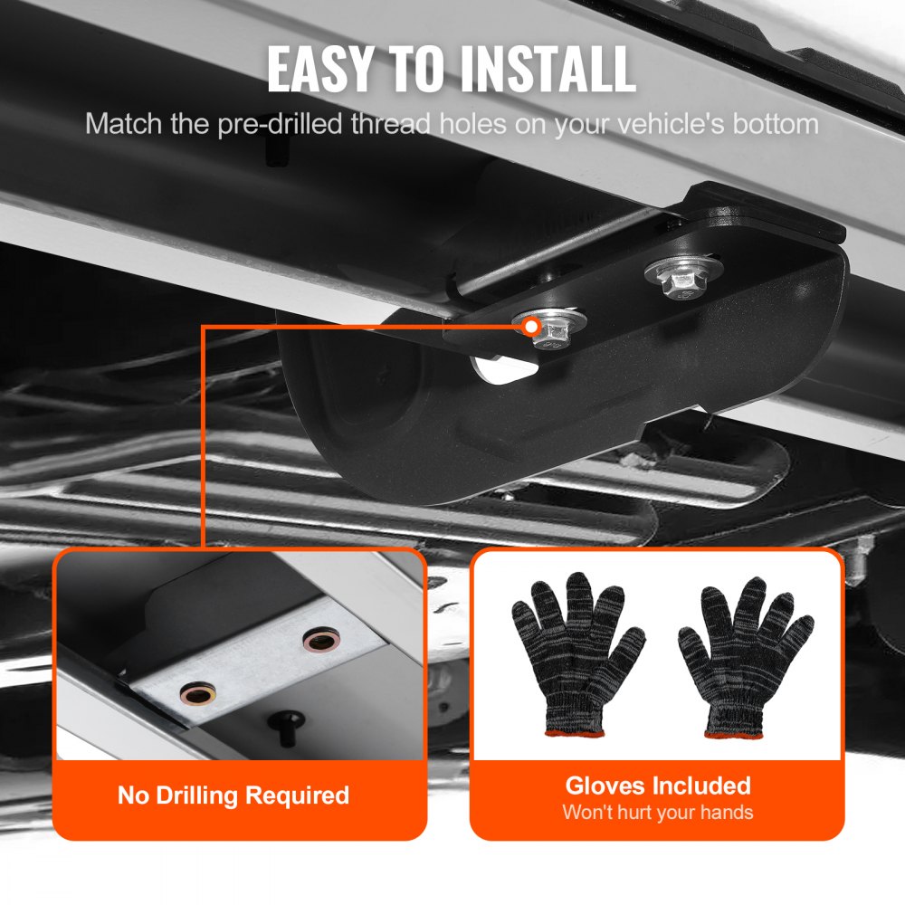 VEVOR running boards installation tutorial, showing mounting bolts, no-drill holes, and included gloves.