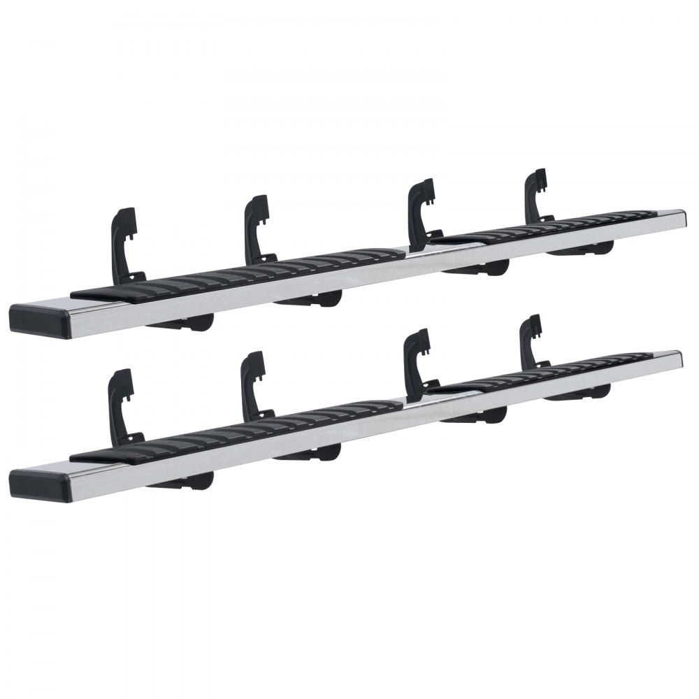 VEVOR running boards with black and silver design, featuring non-slip steps and multiple mounting brackets.
