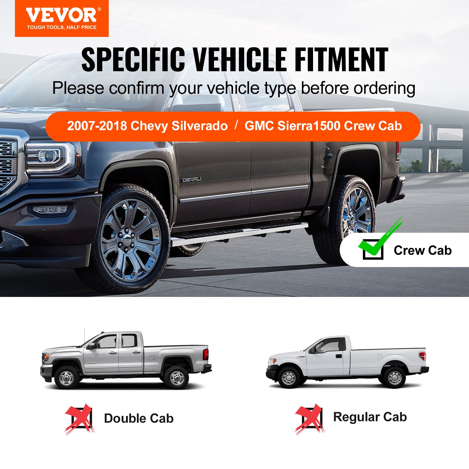 VEVOR running boards for 2007-2018 chevy silverado and gmc sierra1500 crew cab - specific fitment.