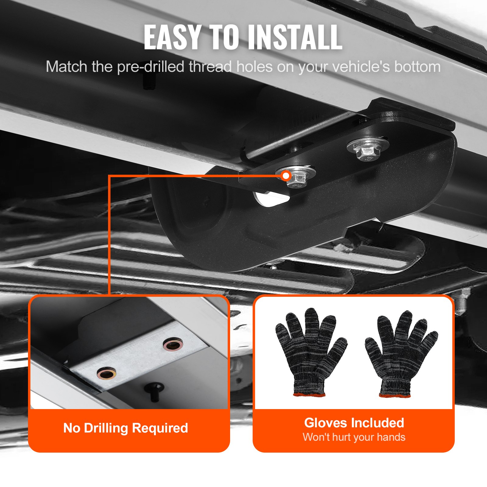 VEVOR running boards installation tutorial, showing mounting bolts, no-drill holes, and included gloves.