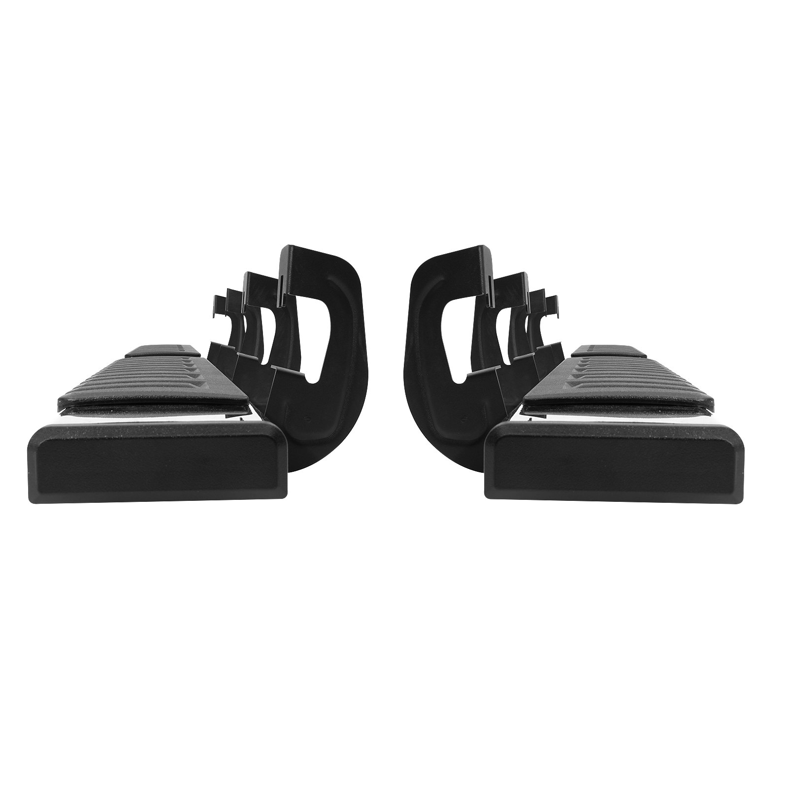black VEVOR running boards with sturdy brackets for vehicle side steps, front-facing view.