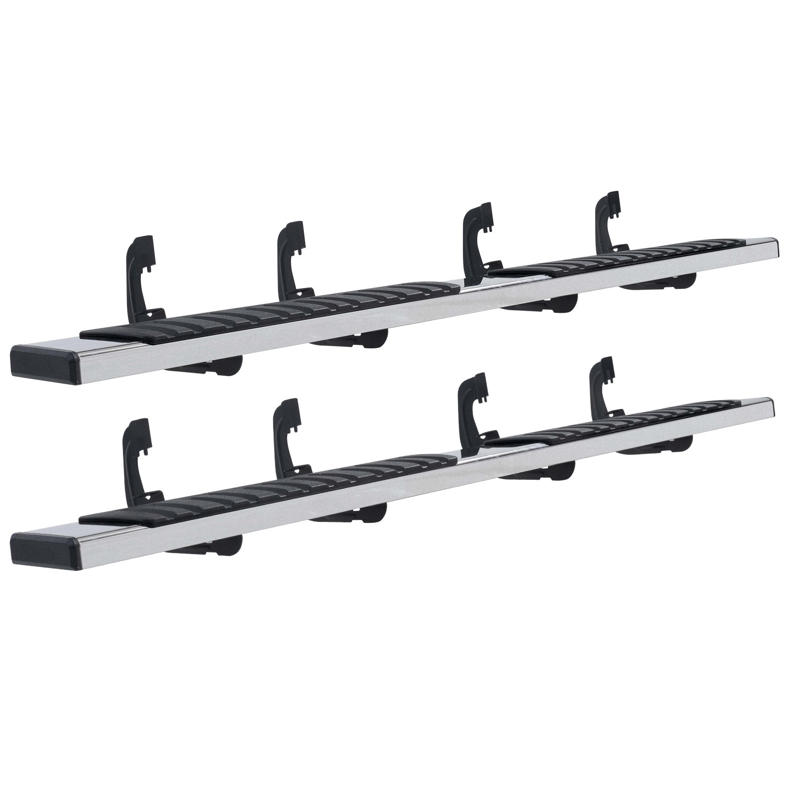 VEVOR running boards with black and silver design, featuring non-slip steps and multiple mounting brackets.