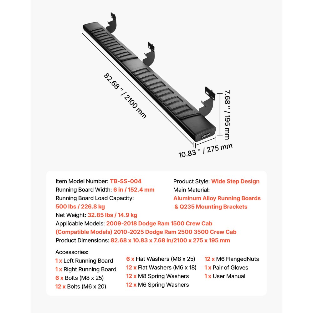 VEVOR Running Boards, 6 Inches Side Steps Compatible with 2009-2018 Dodge Ram 1500 Crew Cab, 2010-2025 Dodge Ram 2500 3500 Crew Cab(Not Fit 2019-2025 Ram 1500 New Body), Black Textured Aluminum Alloy Nerf Bars, 500 lbs Load Capacity