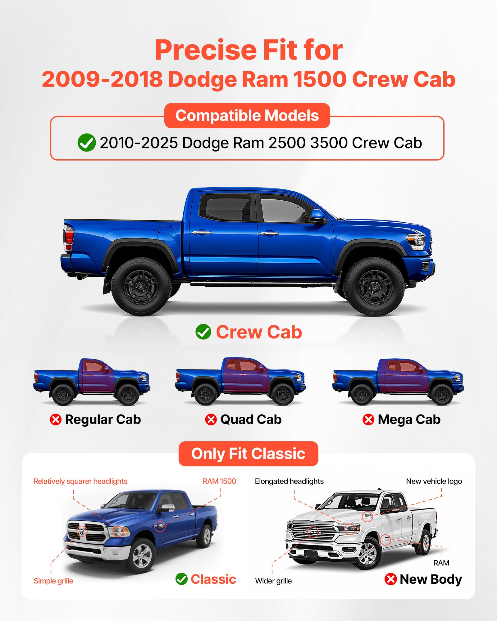 VEVOR Running Boards, 6 Inches Side Steps Compatible with 2009-2018 Dodge Ram 1500 Crew Cab, 2010-2025 Dodge Ram 2500 3500 Crew Cab(Not Fit 2019-2025 Ram 1500 New Body), Black Textured Aluminum Alloy Nerf Bars, 500 lbs Load Capacity