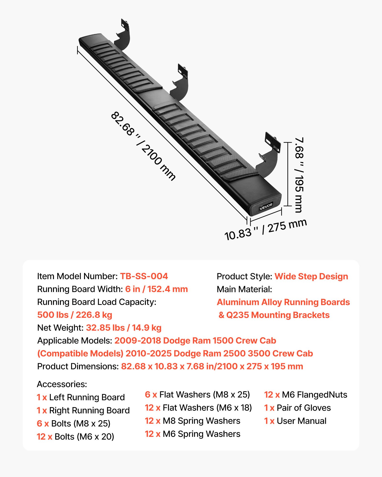 VEVOR Running Boards, 6 Inches Side Steps Compatible with 2009-2018 Dodge Ram 1500 Crew Cab, 2010-2025 Dodge Ram 2500 3500 Crew Cab(Not Fit 2019-2025 Ram 1500 New Body), Black Textured Aluminum Alloy Nerf Bars, 500 lbs Load Capacity
