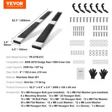 VEVOR Running Boards, 6" Step Bars Compatible with 2009-2018 Dodge Ram 1500/2010-2023 Ram 2500/3500 (Includes 2019-2023 Classic) Crew Cab, 201 Stainless Steel Side Steps Nerf Bars, 500LBS, 2 PCS