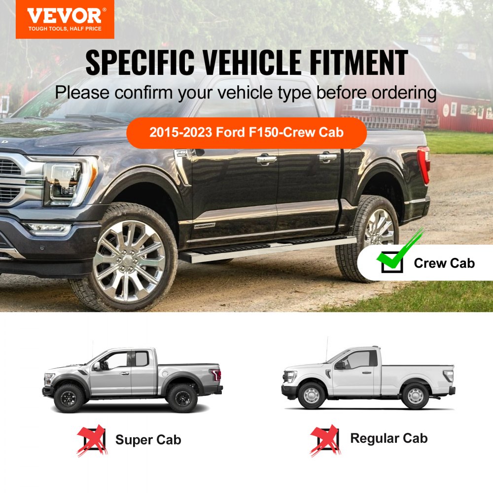 VEVOR Running Boards, 6" Step Bars Compatible with 2015-2023 Ford F150-Crew Cab/2017-2023 Ford F-250 F-350 Super Duty Crew Cab, 201 Stainless Steel Side Steps Nerf Bars, 500LBS Capacity, 2 Piece