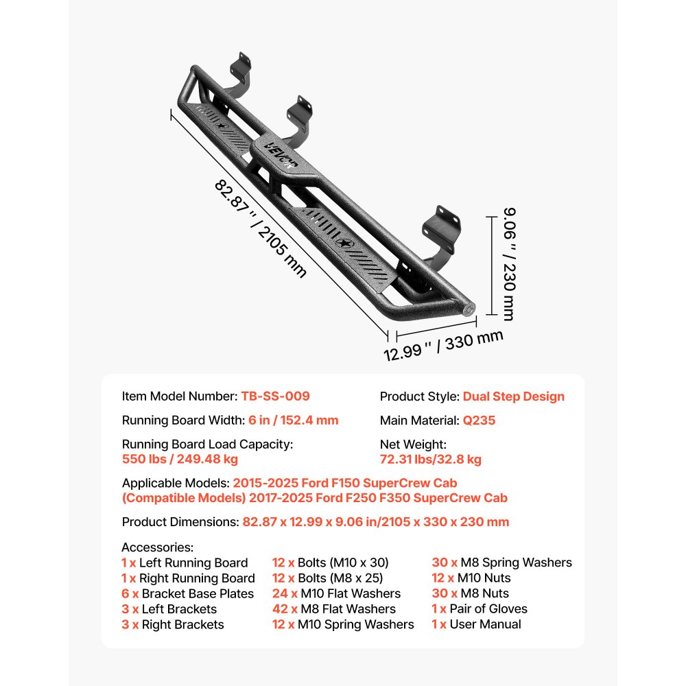 VEVOR Running Boards, 6 Inches Side Steps Compatible with 2015-2025 Ford F150 SuperCrew Cab, 2017-2025 Ford F150 SuperCrew Cab, Black Carbon Steel Nerf Bars, 550 lbs Load Capacity, Non-Slip Surface
