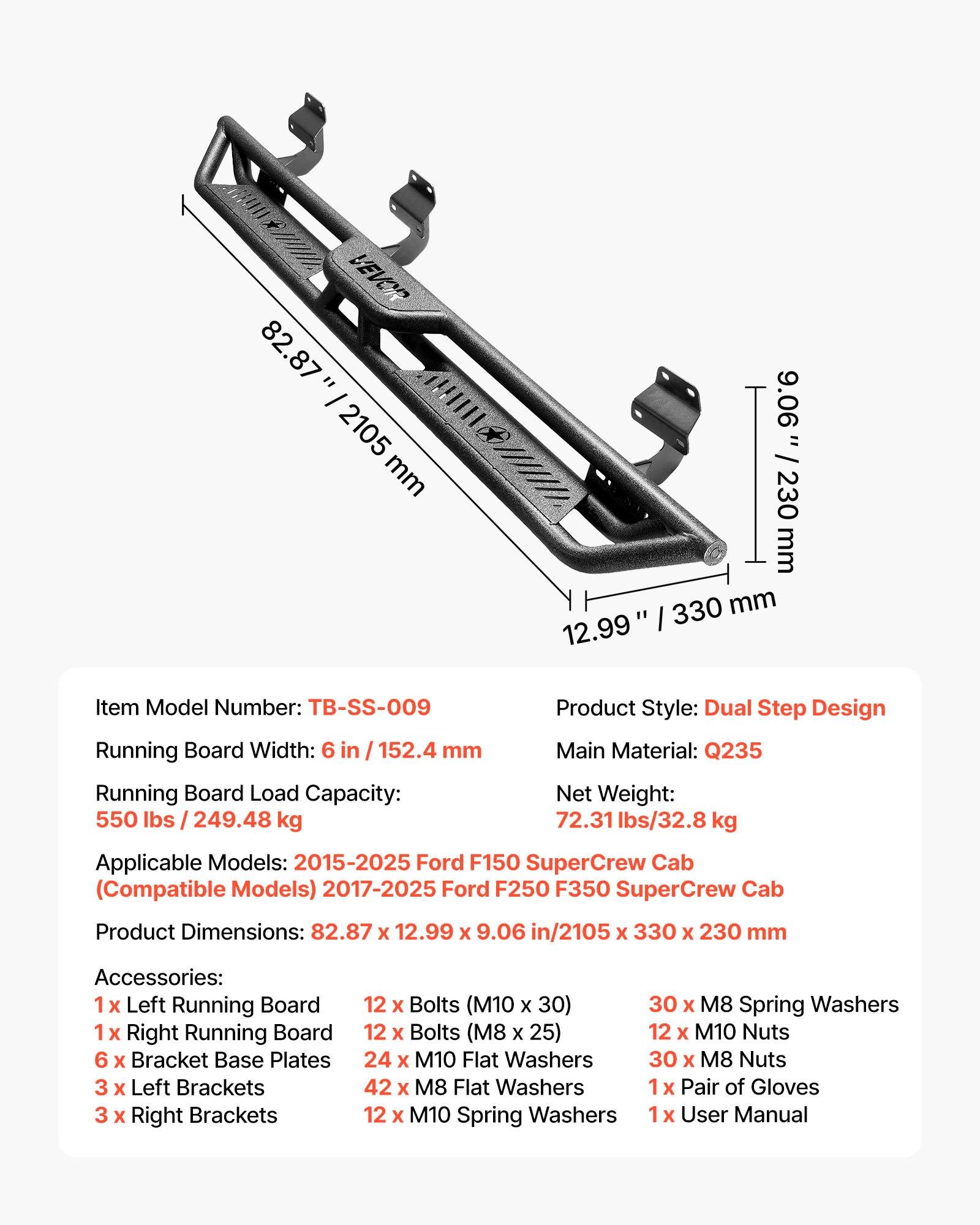 VEVOR Running Boards, 6 Inches Side Steps Compatible with 2015-2025 Ford F150 SuperCrew Cab, 2017-2025 Ford F150 SuperCrew Cab, Black Carbon Steel Nerf Bars, 550 lbs Load Capacity, Non-Slip Surface