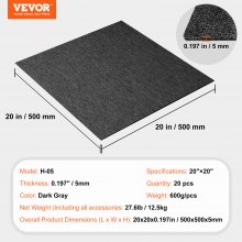 VEVOR Carpet Tile Floor 20pcs Squares w/Padding Attached 20"x 20"Dark Gray
