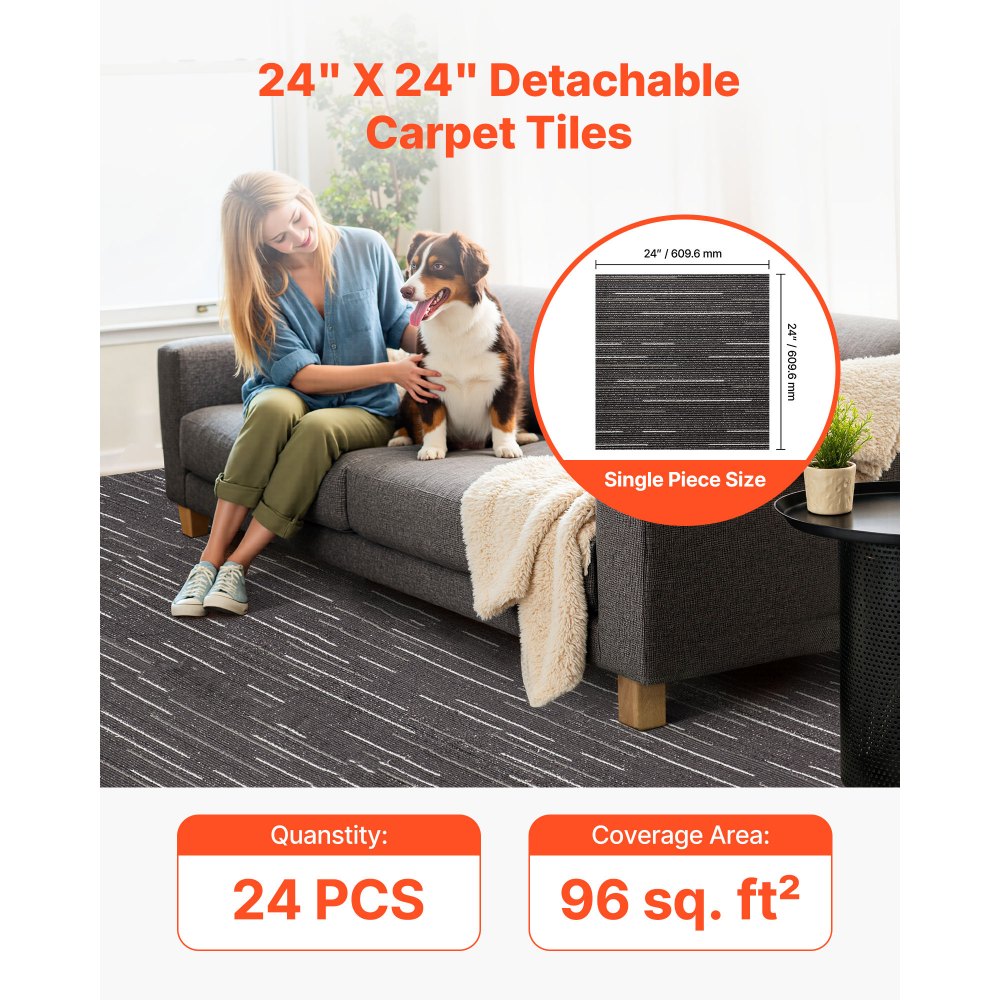 VEVOR Carpet Tiles Reusable 610x610 mm, 24 PCS Modular Carpet Square Rug, Commercial Floor Soft Padded for Seamless Cover 8.9㎡, Easy DIY Replacement for Living Room Bedroom Office Indoor, Gray