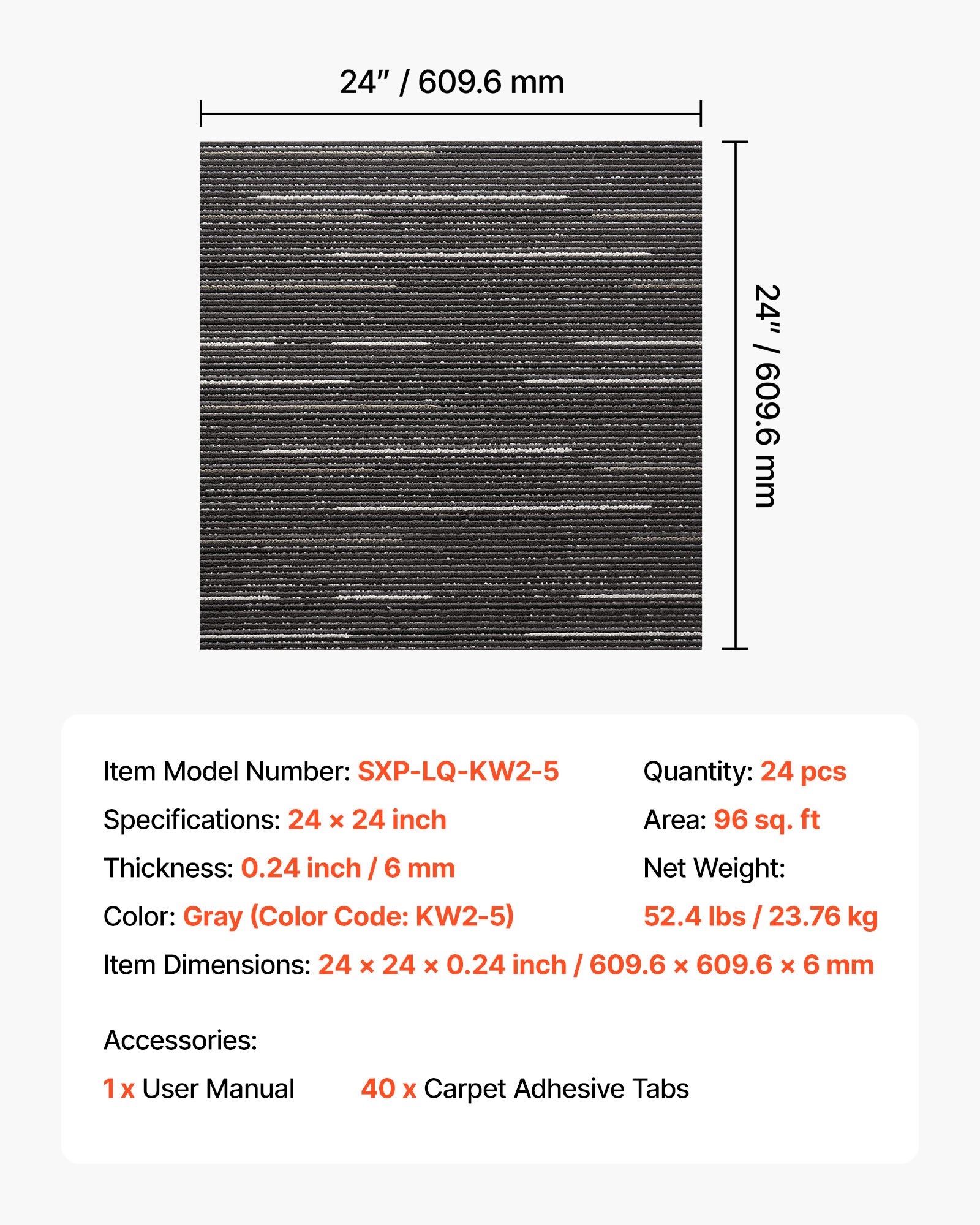 VEVOR Carpet Tiles Reusable 610x610 mm, 24 PCS Modular Carpet Square Rug, Commercial Floor Soft Padded for Seamless Cover 8.9㎡, Easy DIY Replacement for Living Room Bedroom Office Indoor, Gray