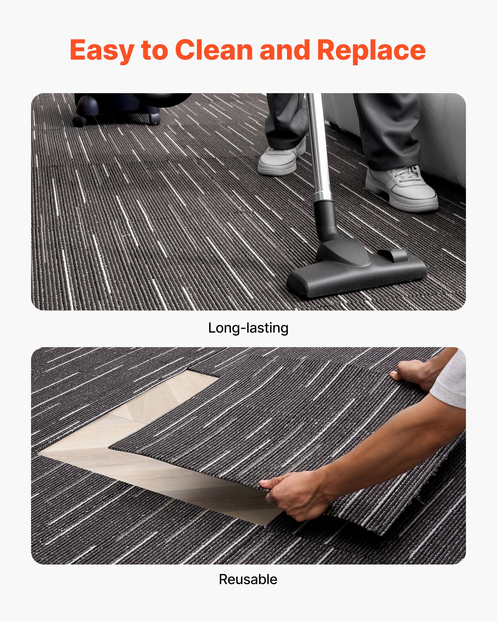 VEVOR Carpet Tiles Reusable 610x610 mm, 24 PCS Modular Carpet Square Rug, Commercial Floor Soft Padded for Seamless Cover 8.9㎡, Easy DIY Replacement for Living Room Bedroom Office Indoor, Gray