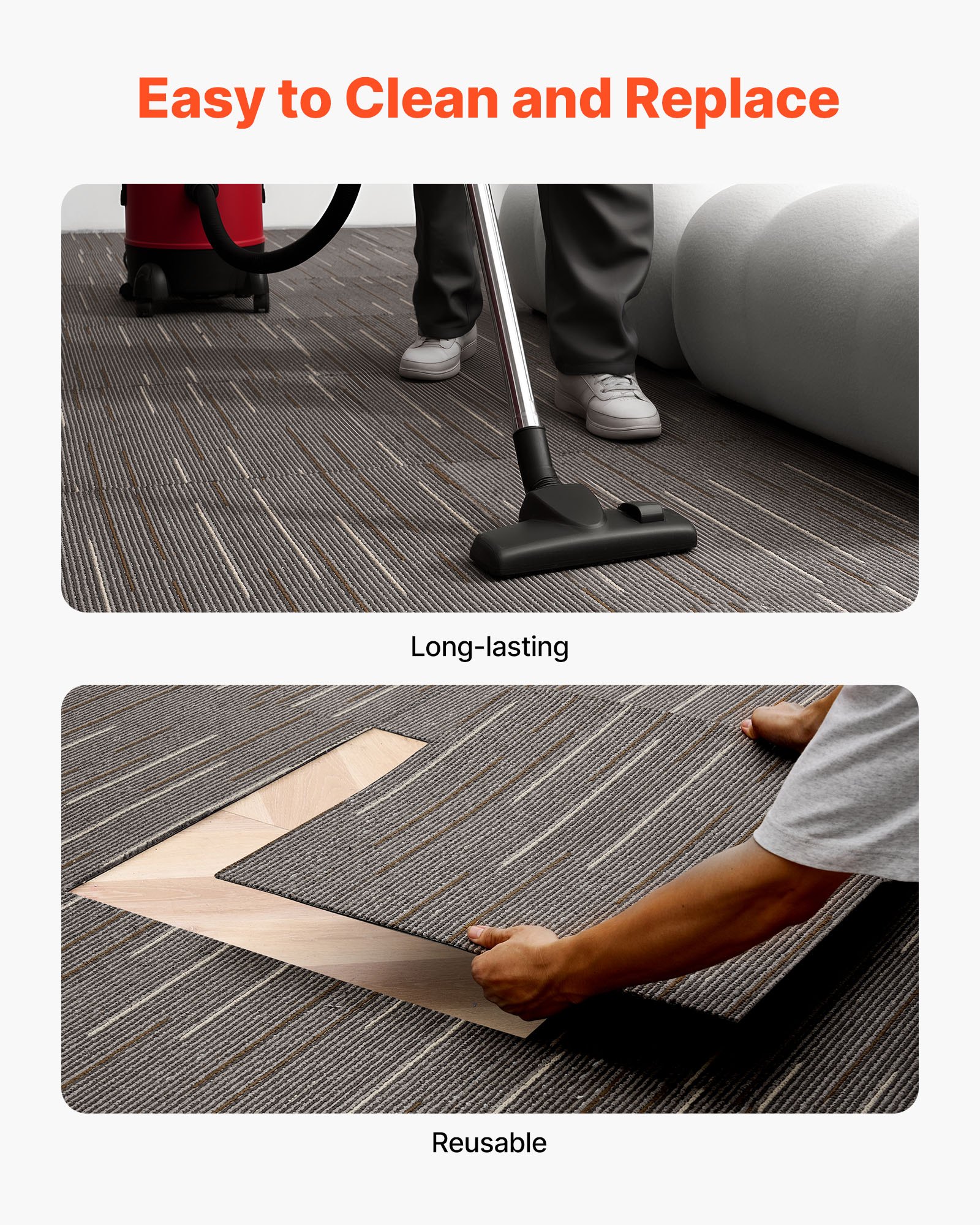 VEVOR Carpet Tiles Reusable 610x610 mm, 24 PCS Modular Carpet Square Rug, Commercial Floor Soft Padded for Seamless Cover 8.9㎡, Easy DIY Replacement for Living Room Bedroom Office Indoor, Dark Brown