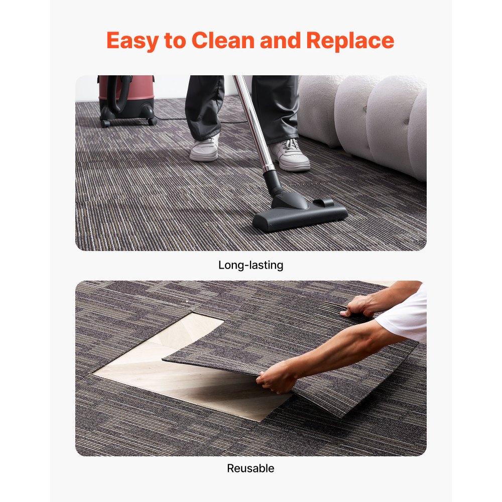VEVOR Carpet Tiles Reusable 610x610 mm, 24 PCS Modular Carpet Square Rug, Commercial Floor Soft Padded for Seamless Cover 8.9㎡, Easy DIY Replacement for Living Room Bedroom Indoor, Gray & Brown