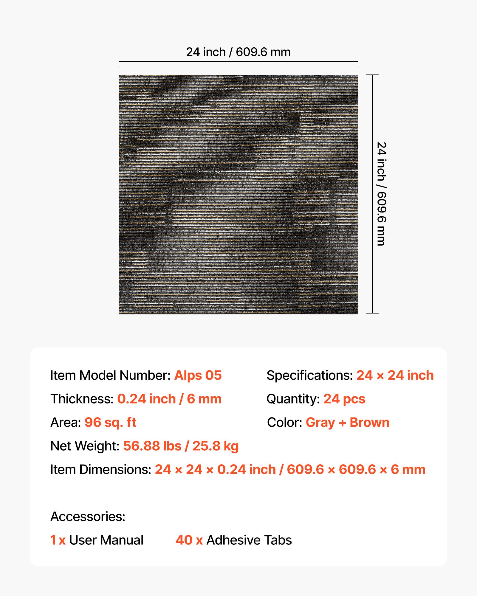 VEVOR Carpet Tiles Reusable 610x610 mm, 24 PCS Modular Carpet Square Rug, Commercial Floor Soft Padded for Seamless Cover 8.9㎡, Easy DIY Replacement for Living Room Bedroom Indoor, Gray & Brown