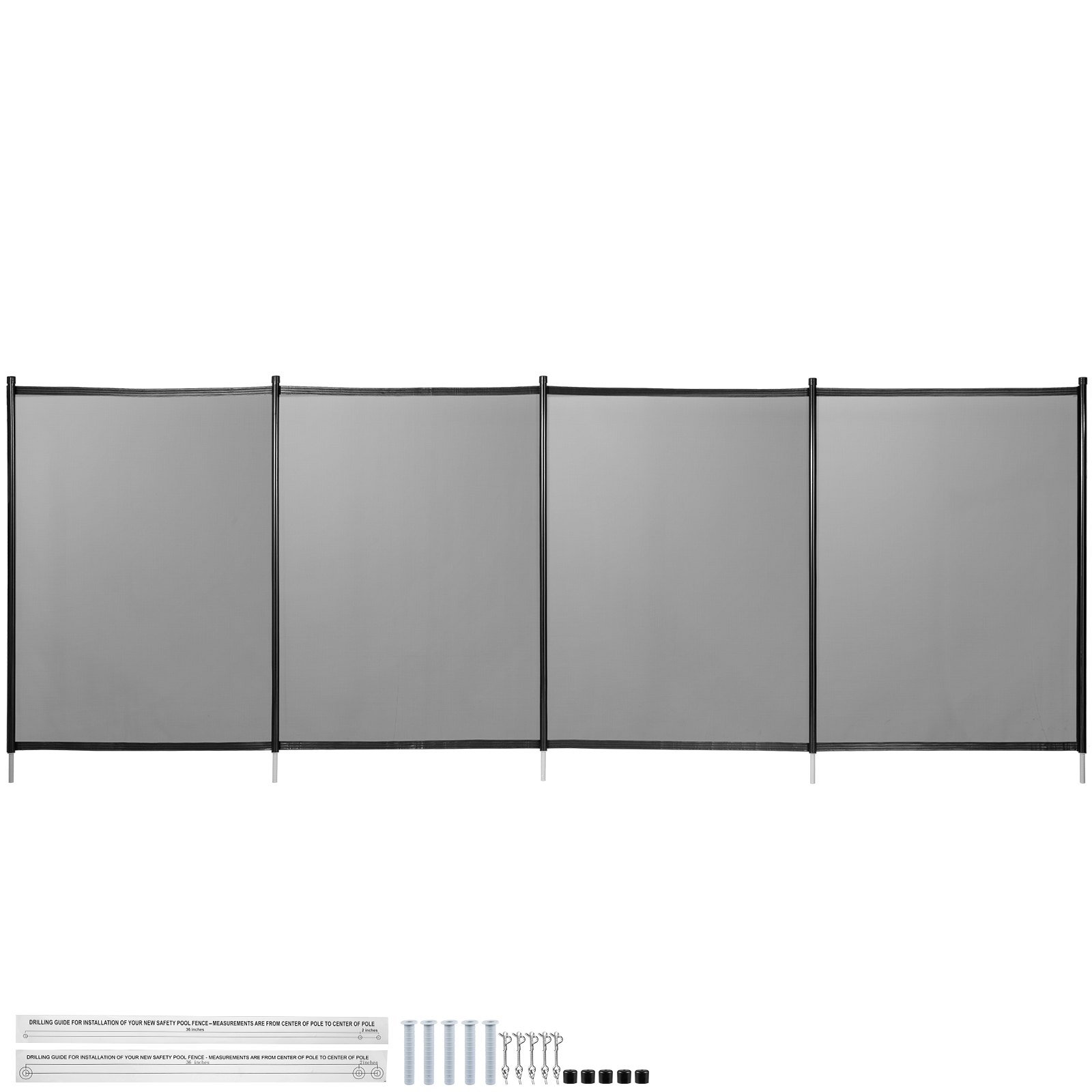 VEVOR pool fence with black mesh panels and installation accessories displayed.
