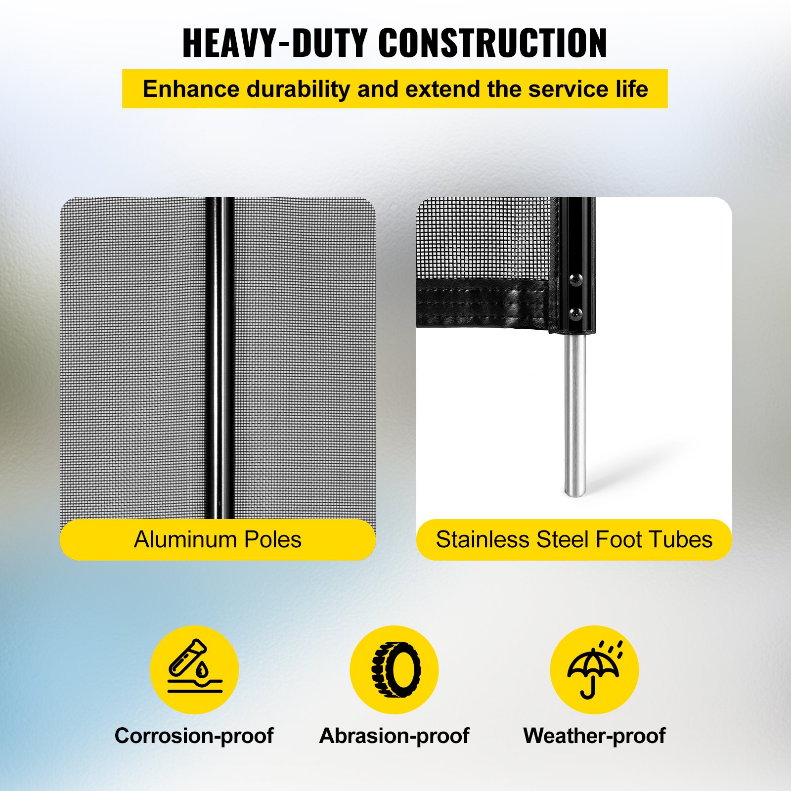 aluminum poles and stainless steel foot tubes detail of VEVOR pool fence, heavy-duty construction.