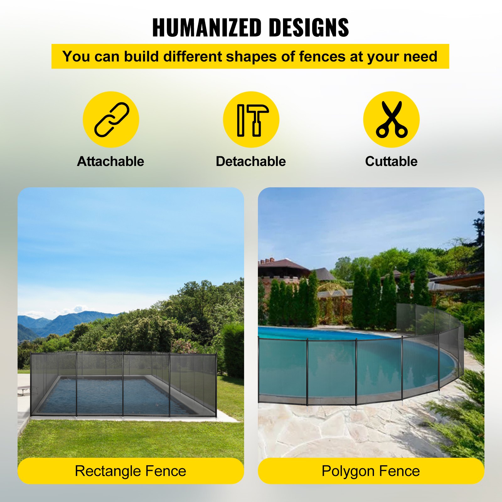 VEVOR pool fence: attachable, detachable, cuttable options for rectangle and polygon shapes.
