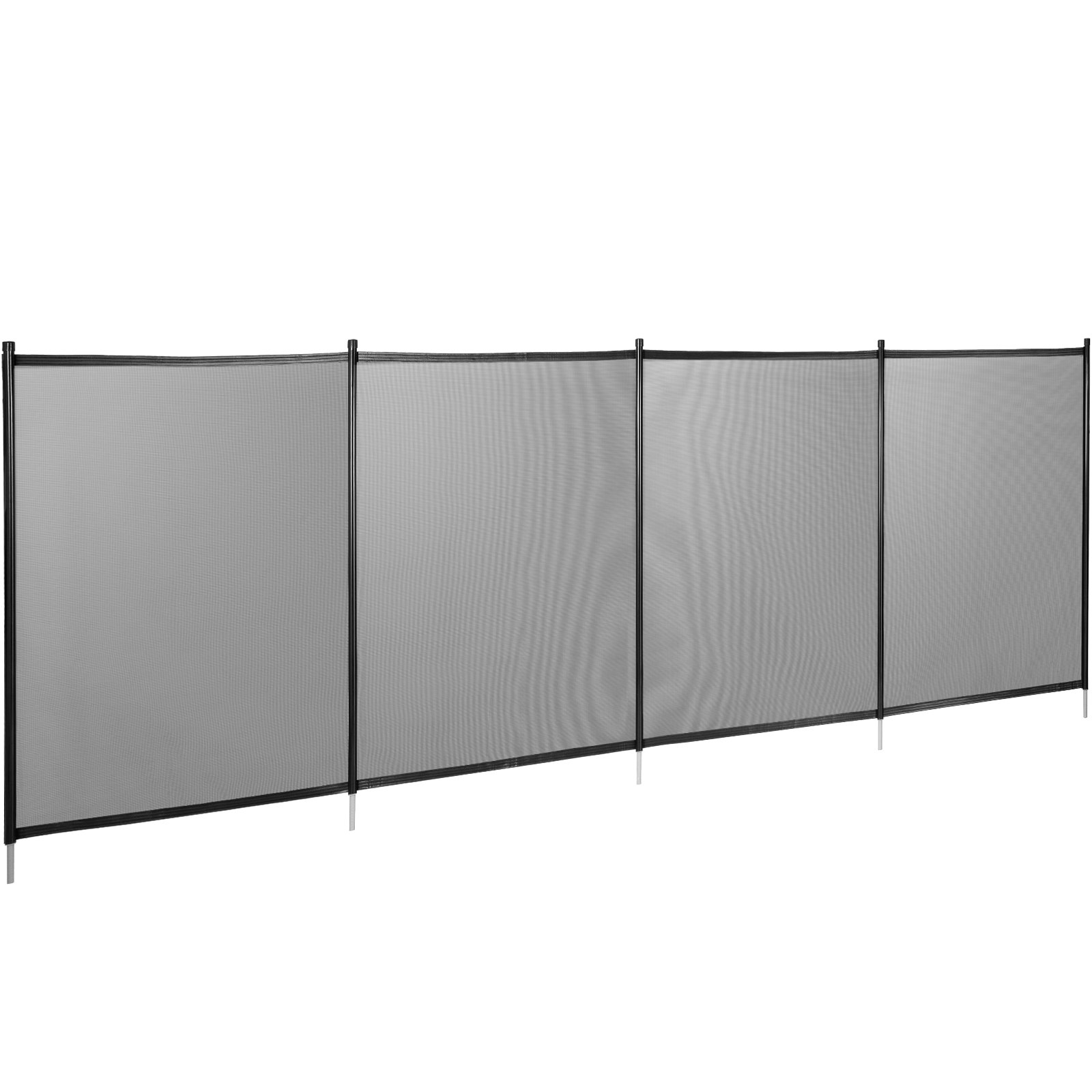 black VEVOR pool fence panels standing upright in a straight line.
