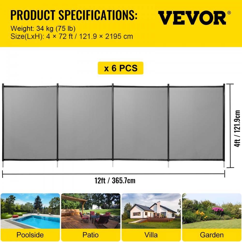 VEVOR Pool Fencing Mesh, 4 x 72 ft Swimming Pool Fence, 1000D PVC Mesh Fabric Removable Pool Fence, Pool Fence for Inground Pools with Aluminum Poles and Stainless Steel Tubes for Security and Privacy