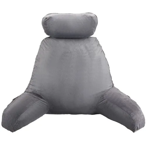 VEVOR Reading Pillow, Large Bed Pillow with Removable Headrest, Back Pillow with 3 Pockets, Shredded Memory Foam and Washable Short Velvet Cloth, Side with Handles for Reading, Gaming, Resting, Grey