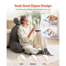 VEVOR Reading Pillow, Large Bed Pillow with Removable Headrest, Back Pillow with 3 Pockets, Shredded Memory Foam and Washable Short Velvet Cloth, Side with Handles for Reading, Gaming, Resting, Grey