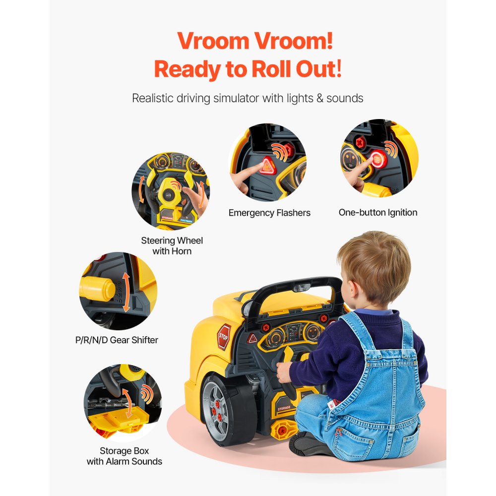 VEVOR Engine Toy, 60 Pieces, Kids Mechanic Car Repair Set with Removable Parts, Lights and Sounds, Steering Wheel and Horn, Kids Mechanic Workshop Set for Toddler Ages 3 Years and Up, Yellow