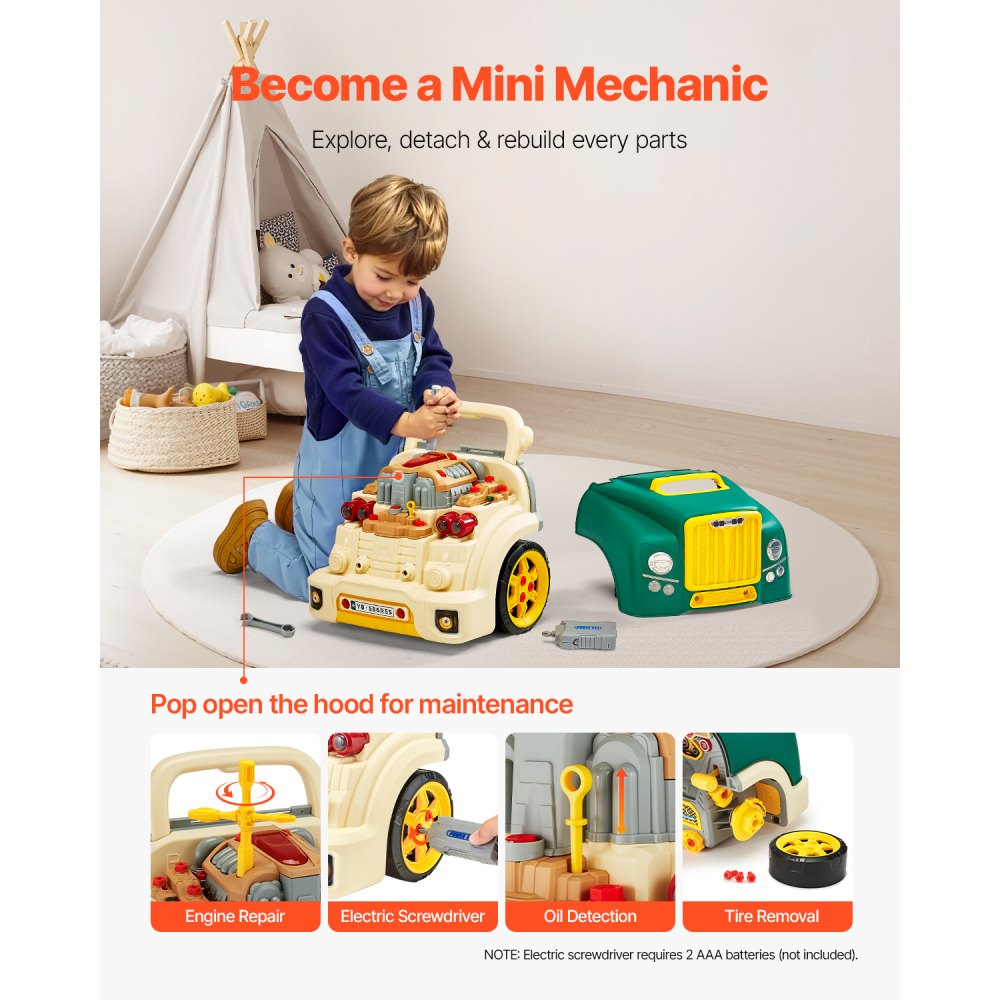 VEVOR Engine Toy, 60 Pieces, Kids Mechanic Car Repair Set with Removable Parts, Lights and Sounds, Steering Wheel and Horn, Kids Mechanic Workshop Set for Toddler Ages 3 Years and Up, Green