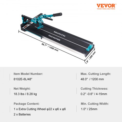 VEVOR Manual Tile Cutter, 48 inch, Porcelain Ceramic Tile Cutter with Tungsten Carbide Cutting Wheel, Infrared Positioning, Anti-Skid Feet, Durable Rails for professional installers or beginners