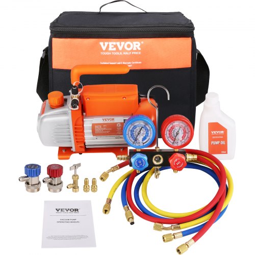 VEVOR 1/5 HP 3.5 CFM AC Vacuum Pump and Gauge Set, Single Stage Rotary Vane HVAC Air Vacuum Pump A/C Refrigerant Kit Manifold Gauge Set, with Three-Color Hose Carry Bag, Applicable to R134a, R410a