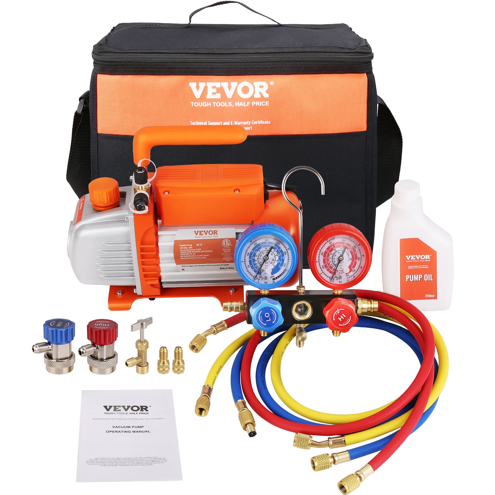 1/5 HP 3.5 CFM AC Vacuum Pump and Gauge Set, Single Stage Rotary Vane HVAC Air Vacuum Pump A/C Refrigerant Kit Manifold Gauge Set, with Three-Color Hose Carry Bag, Applicable to R134a, R410a 1/5 HP 3.5 CFM AC Vacuum Pump and Gauge Set, Single Stage Rotary Vane HVAC Air Vacuum Pump A/C Refrigerant Kit Manifold Gauge Set, with Three-Color Hose Carry Bag, Applicable to R134a, R410a