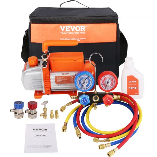 VEVOR 1/5 HP 3.5 CFM AC Vacuum Pump and Gauge Set, Single Stage Rotary Vane HVAC Air Vacuum Pump A/C Refrigerant Kit Manifold Gauge Set, with Three-Color Hose Carry Bag, Applicable to R134a, R410a