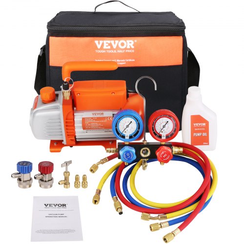 VEVOR 1/4 HP 4.5 CFM AC Vacuum Pump and Gauge Set, Single Stage Rotary Vane HVAC Air Vacuum Pump A/C Refrigerant Kit Manifold Gauge Set, with Three-Color Hose Carry Bag, Applicable to R134a, R410a