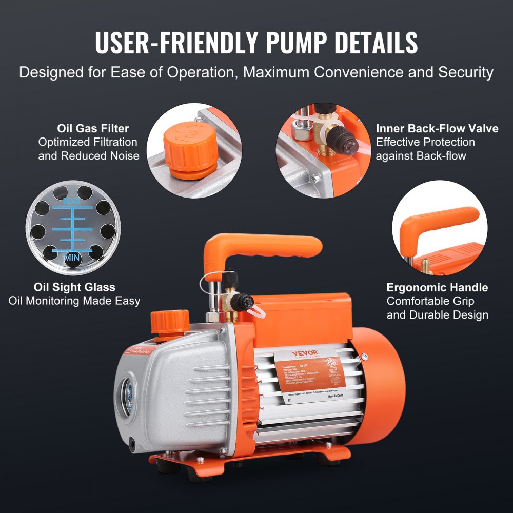 VEVOR 1/4 HP 4 CFM AC Vacuum Pump and Gauge Set, Single Stage Rotary Vane HVAC Air Vacuum Pump A/C Refrigerant Kit Manifold Gauge Set, with Three-Color Hose Carry Bag, Applicable to R134a, R410a