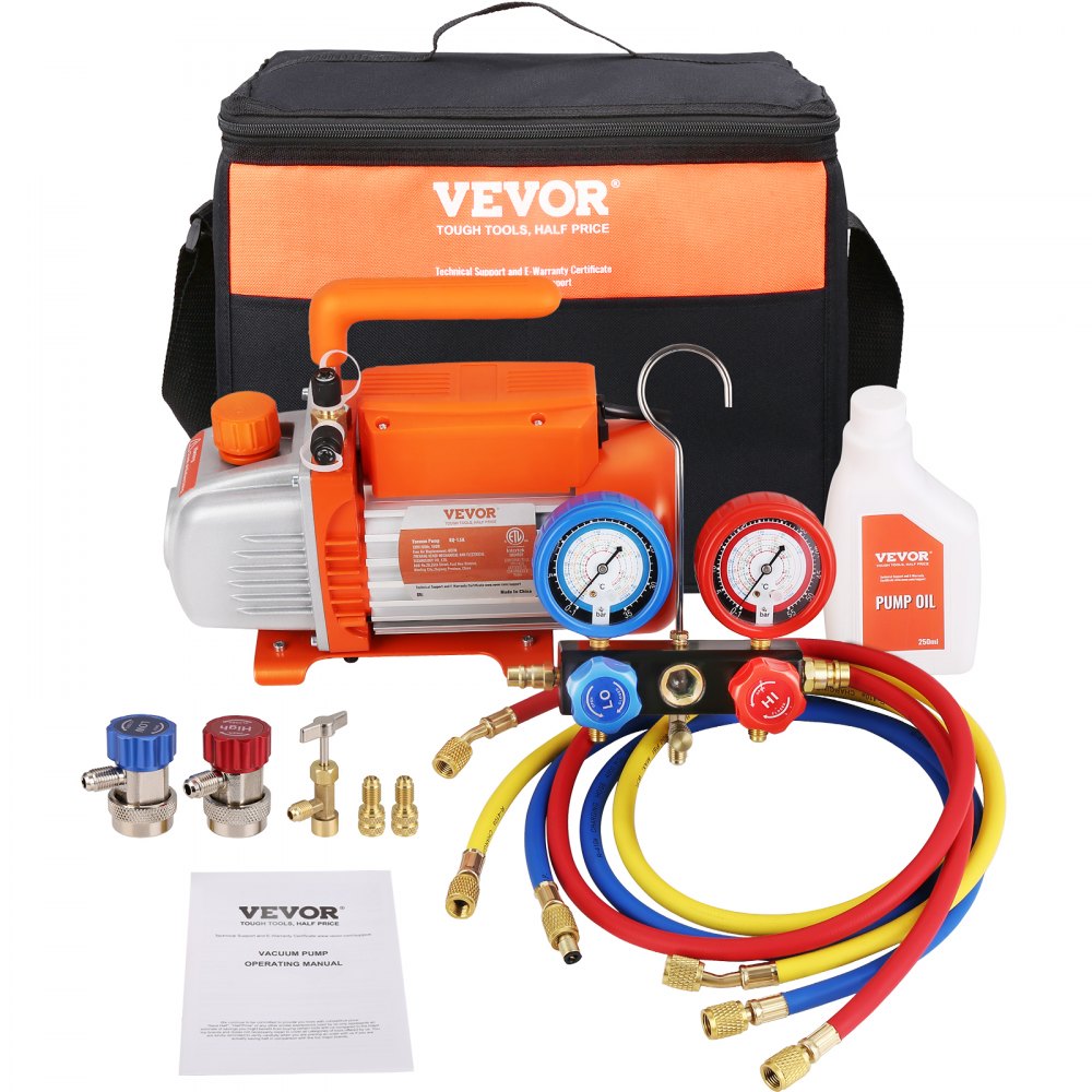 VEVOR 1/4 HP 4.5 CFM AC Vacuum Pump and Gauge Set, Single Stage Rotary Vane HVAC Air Vacuum Pump A/C Refrigerant Kit Manifold Gauge Set, with Three-Color Hose Carry Bag, Applicable to R134a, R410a