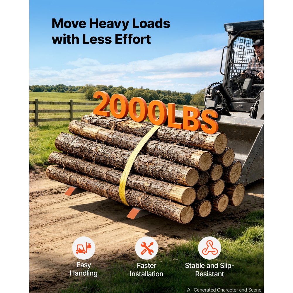 VEVOR Pallet Forks 907 kg Clamp-On Pallet Forks 109 cm Length Orange Tips, for Tractor Attachments, Skid Steer & Loader Bucket, Adjustable Stabilizer Bar, Heavy-Duty Reinforced Tractor Bucket Fork