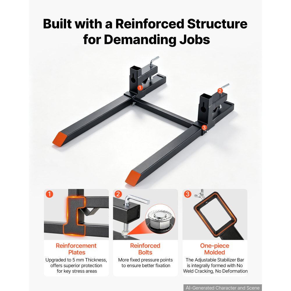 VEVOR Pallet Forks 907 kg Clamp-On Pallet Forks 109 cm Length Orange Tips, for Tractor Attachments, Skid Steer & Loader Bucket, Adjustable Stabilizer Bar, Heavy-Duty Reinforced Tractor Bucket Fork
