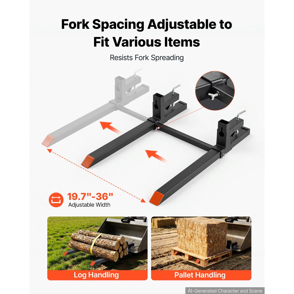 VEVOR Pallet Forks 907 kg Clamp-On Pallet Forks 109 cm Length Orange Tips, for Tractor Attachments, Skid Steer & Loader Bucket, Adjustable Stabilizer Bar, Heavy-Duty Reinforced Tractor Bucket Fork