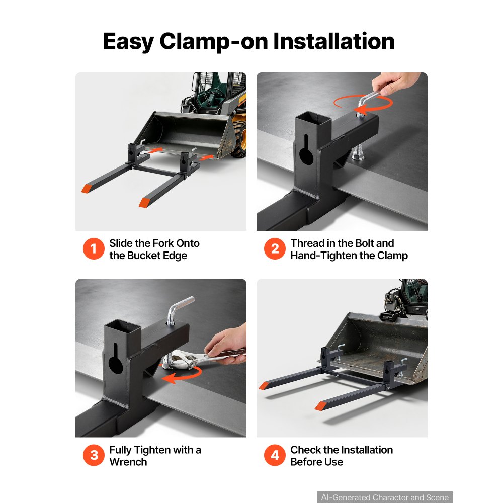 VEVOR Pallet Forks 907 kg Clamp-On Pallet Forks 109 cm Length Orange Tips, for Tractor Attachments, Skid Steer & Loader Bucket, Adjustable Stabilizer Bar, Heavy-Duty Reinforced Tractor Bucket Fork