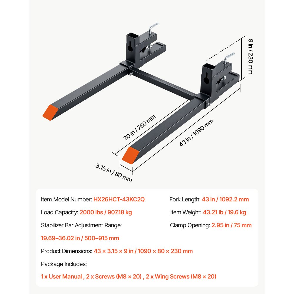 VEVOR Pallet Forks 907 kg Clamp-On Pallet Forks 109 cm Length Orange Tips, for Tractor Attachments, Skid Steer & Loader Bucket, Adjustable Stabilizer Bar, Heavy-Duty Reinforced Tractor Bucket Fork