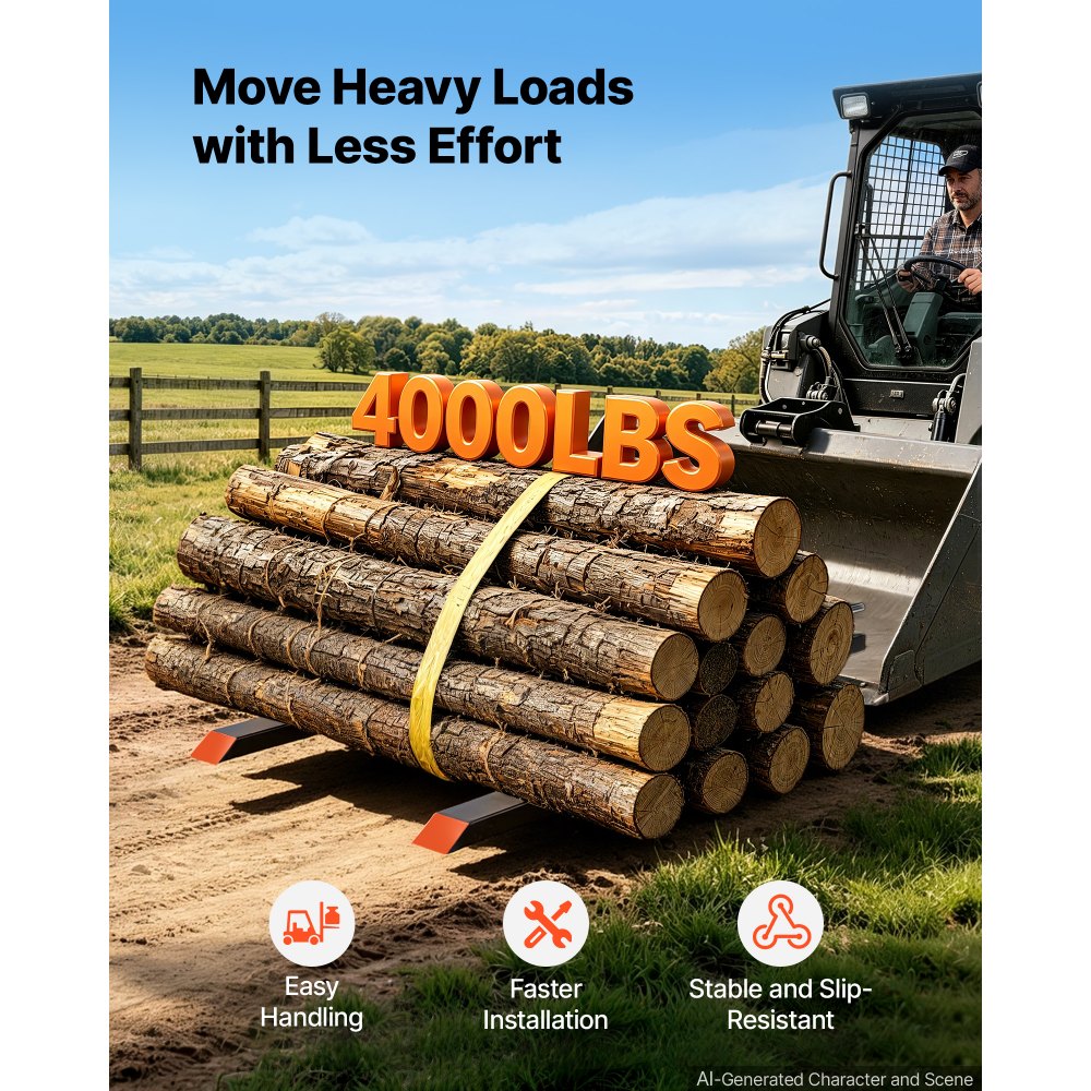 VEVOR Pallet Forks 4000 lbs Clamp-On Pallet Forks, 60 in Length Orange Tips, for Tractor Attachments, Skid Steer & Loader Bucket, Adjustable Stabilizer Bar, Heavy-Duty Reinforced Tractor Bucket Fork
