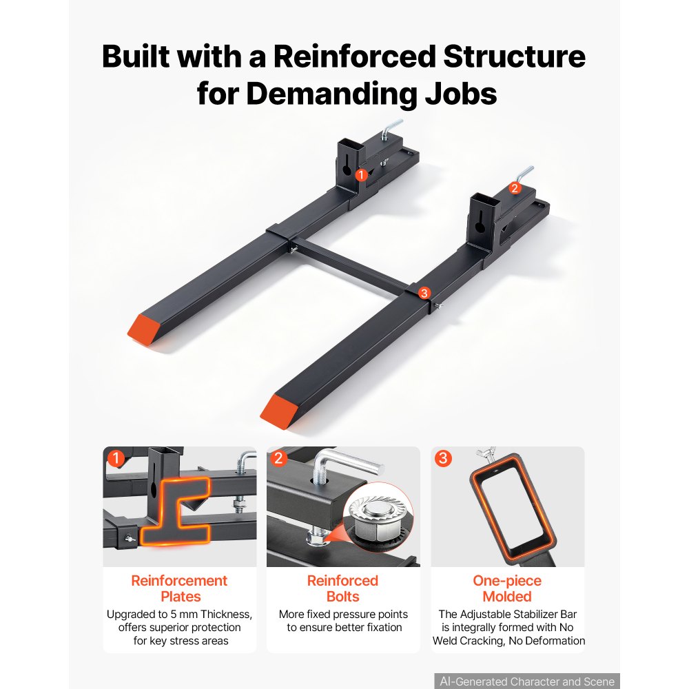 VEVOR Pallet Forks 4000 lbs Clamp-On Pallet Forks, 60 in Length Orange Tips, for Tractor Attachments, Skid Steer & Loader Bucket, Adjustable Stabilizer Bar, Heavy-Duty Reinforced Tractor Bucket Fork