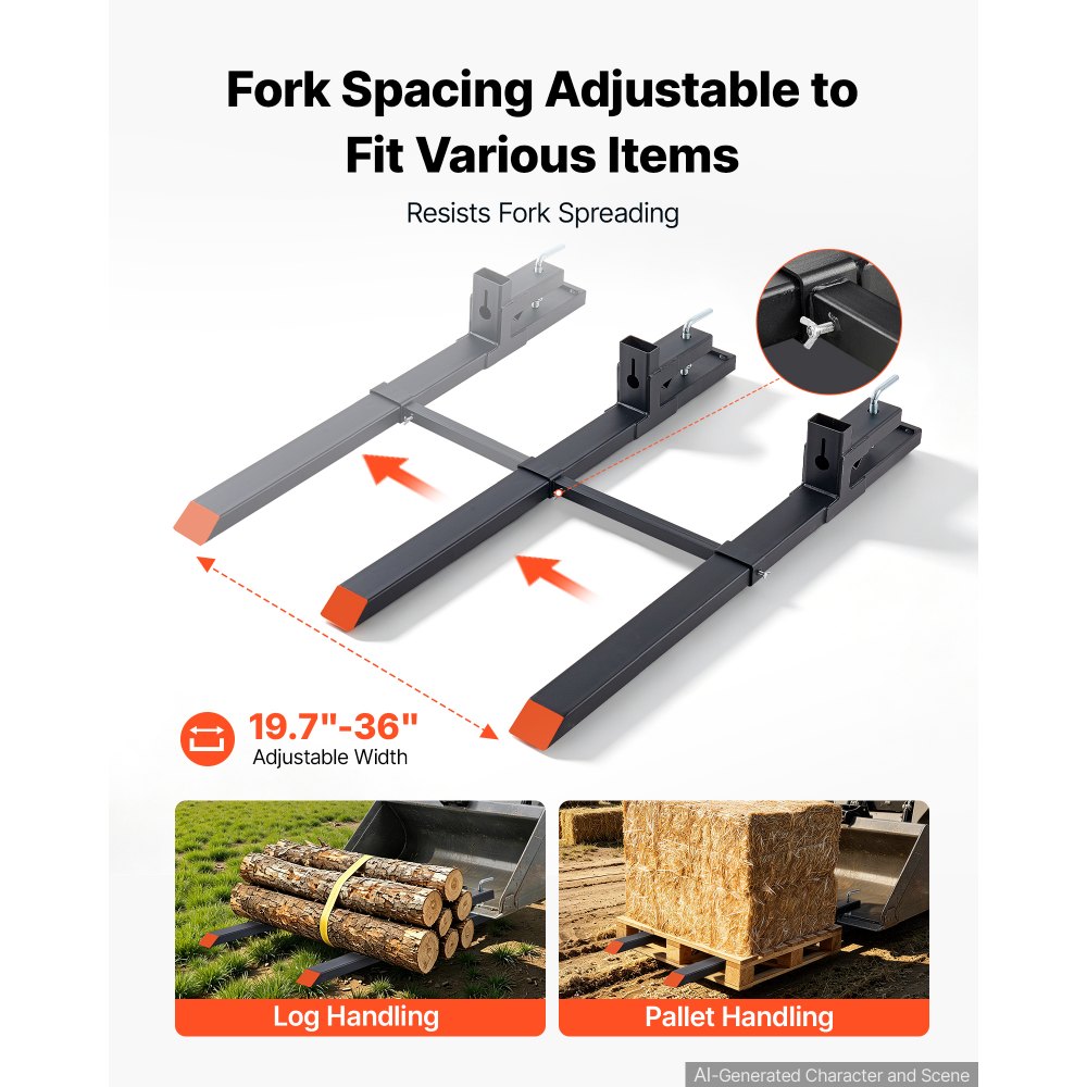 VEVOR Pallet Forks 4000 lbs Clamp-On Pallet Forks, 60 in Length Orange Tips, for Tractor Attachments, Skid Steer & Loader Bucket, Adjustable Stabilizer Bar, Heavy-Duty Reinforced Tractor Bucket Fork