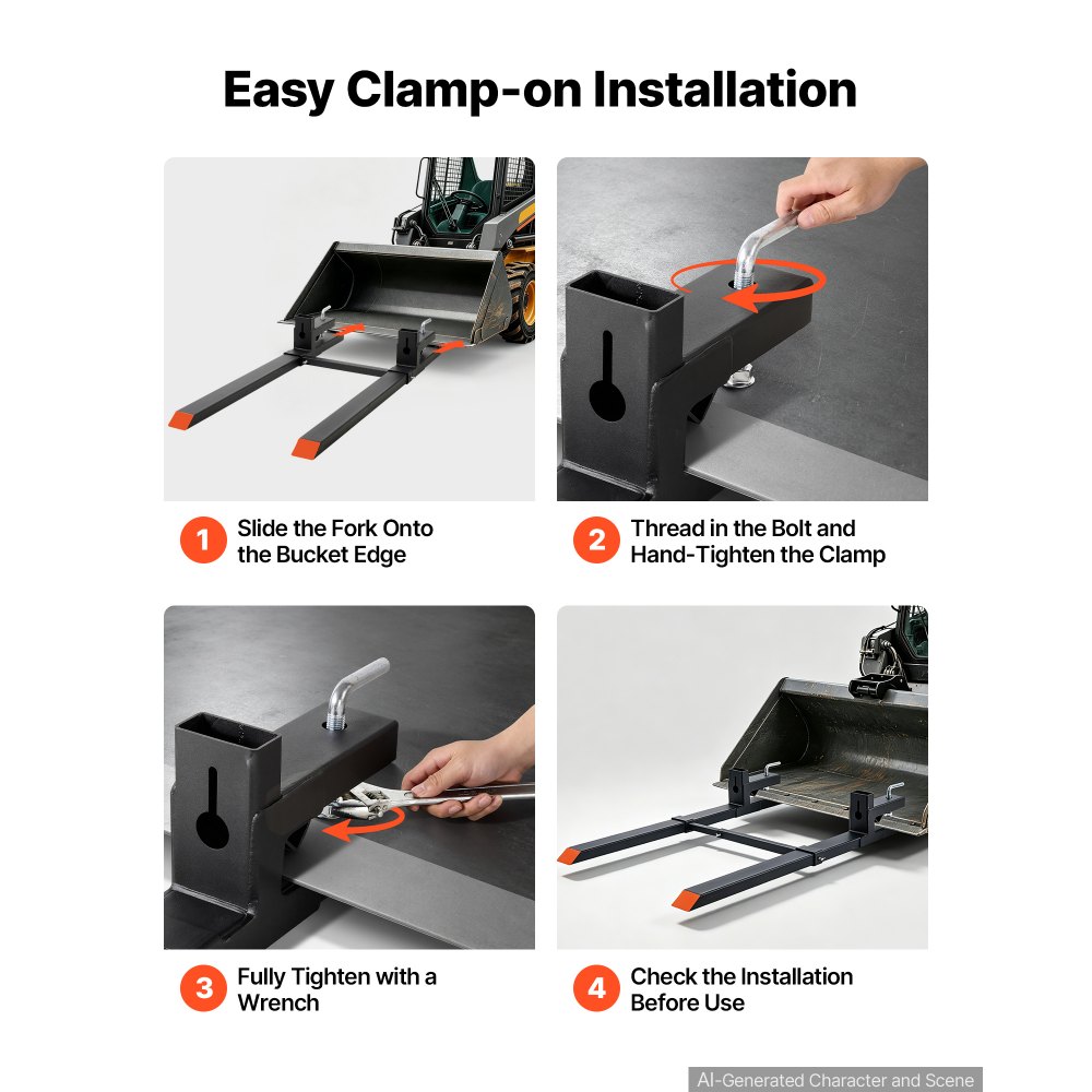 VEVOR Pallet Forks 4000 lbs Clamp-On Pallet Forks, 60 in Length Orange Tips, for Tractor Attachments, Skid Steer & Loader Bucket, Adjustable Stabilizer Bar, Heavy-Duty Reinforced Tractor Bucket Fork