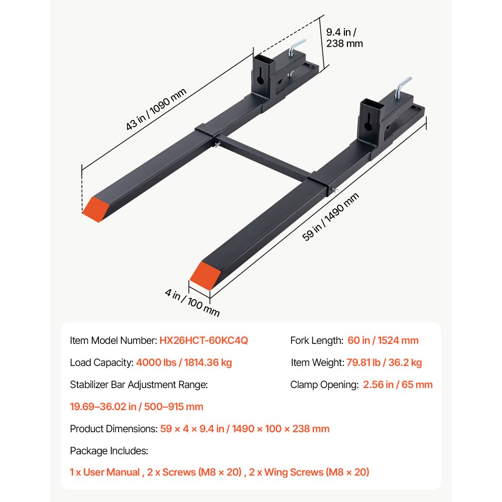 VEVOR Pallet Forks 4000 lbs Clamp-On Pallet Forks, 60 in Length Orange Tips, for Tractor Attachments, Skid Steer & Loader Bucket, Adjustable Stabilizer Bar, Heavy-Duty Reinforced Tractor Bucket Fork
