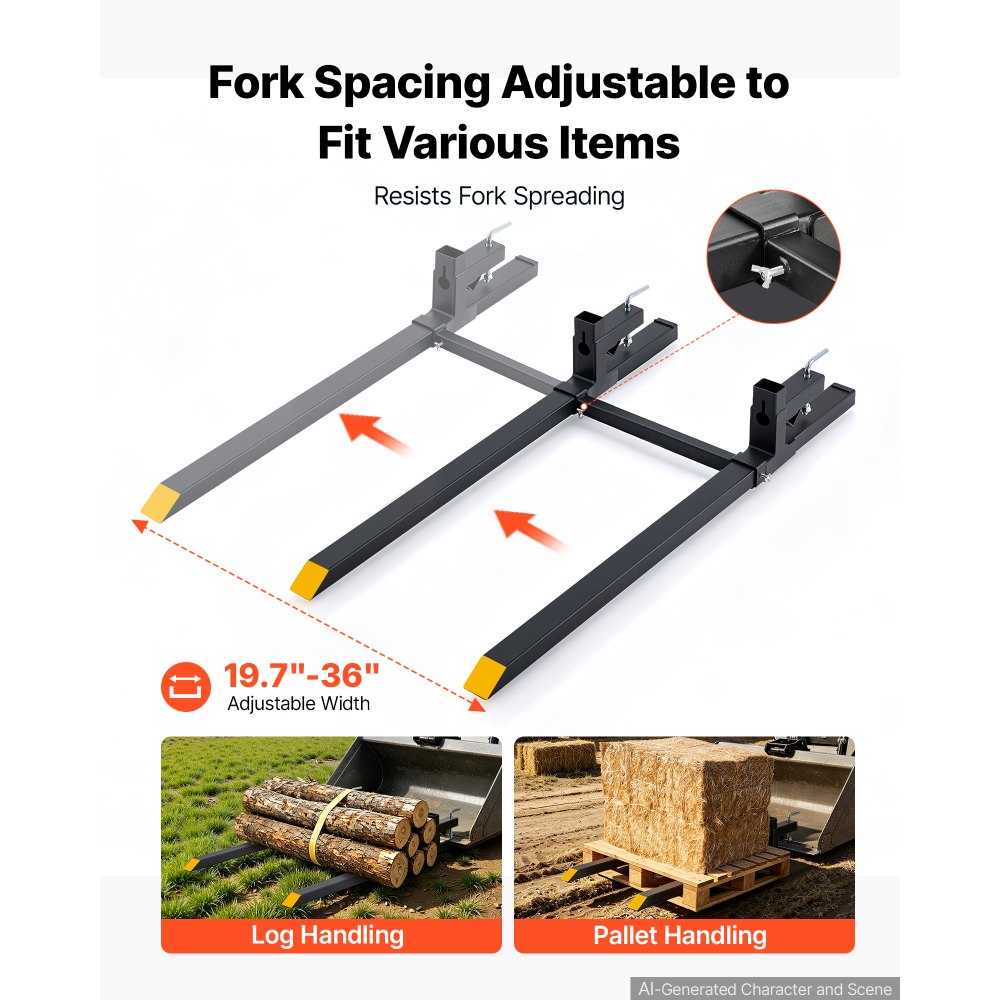 VEVOR Pallet Forks 907 kg Clamp-On Pallet Forks 152 cm Length Yellow Tips, for Tractor Attachments, Skid Steer & Loader Bucket, Adjustable Stabilizer Bar, Heavy-Duty Reinforced Tractor Bucket Fork