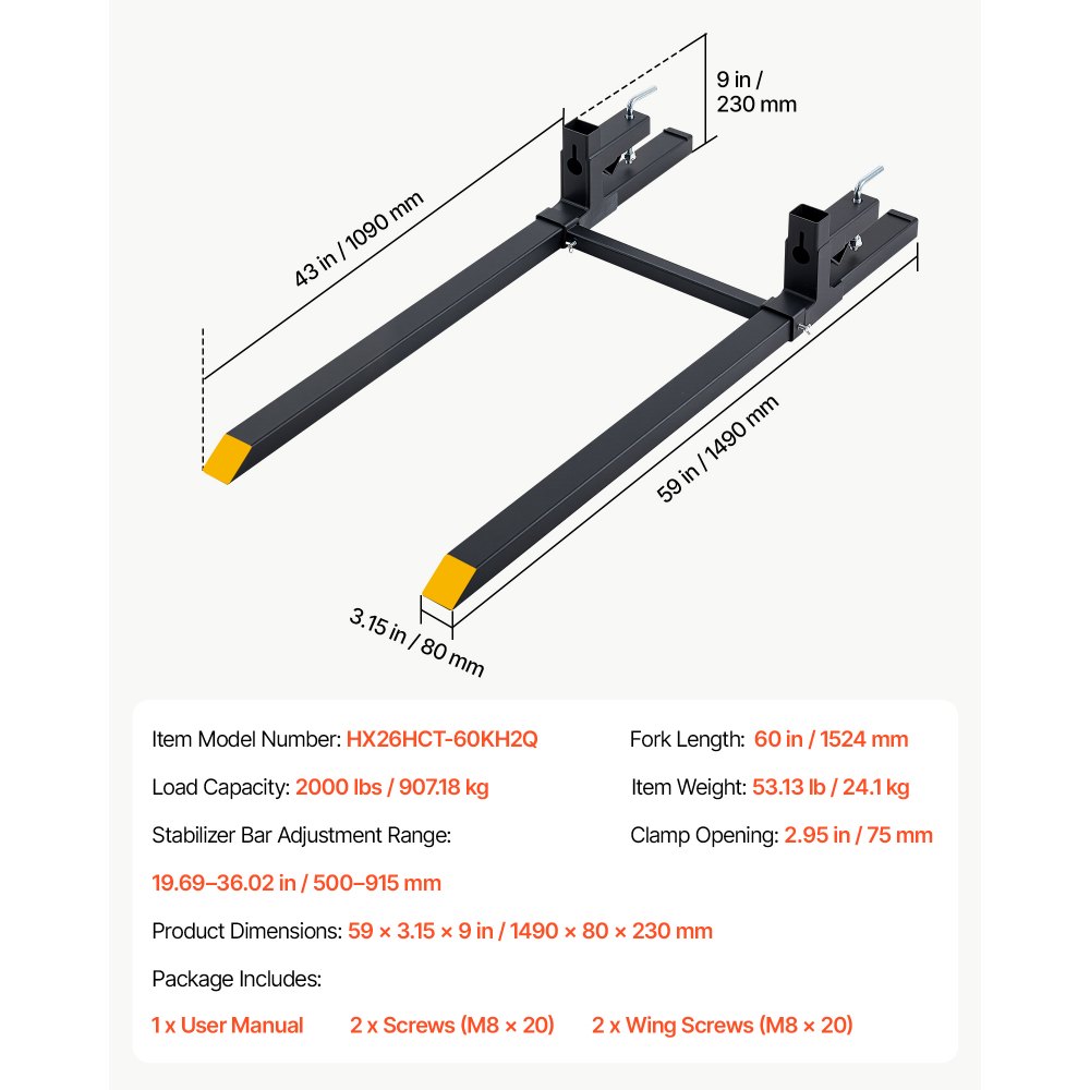 VEVOR Pallet Forks 907 kg Clamp-On Pallet Forks 152 cm Length Yellow Tips, for Tractor Attachments, Skid Steer & Loader Bucket, Adjustable Stabilizer Bar, Heavy-Duty Reinforced Tractor Bucket Fork